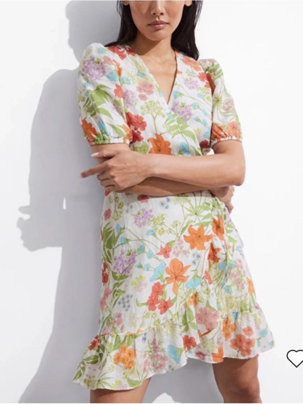& Other Stories Linen Floral Mini Wrap Dress Short Puff Sleeves Womens Size 4